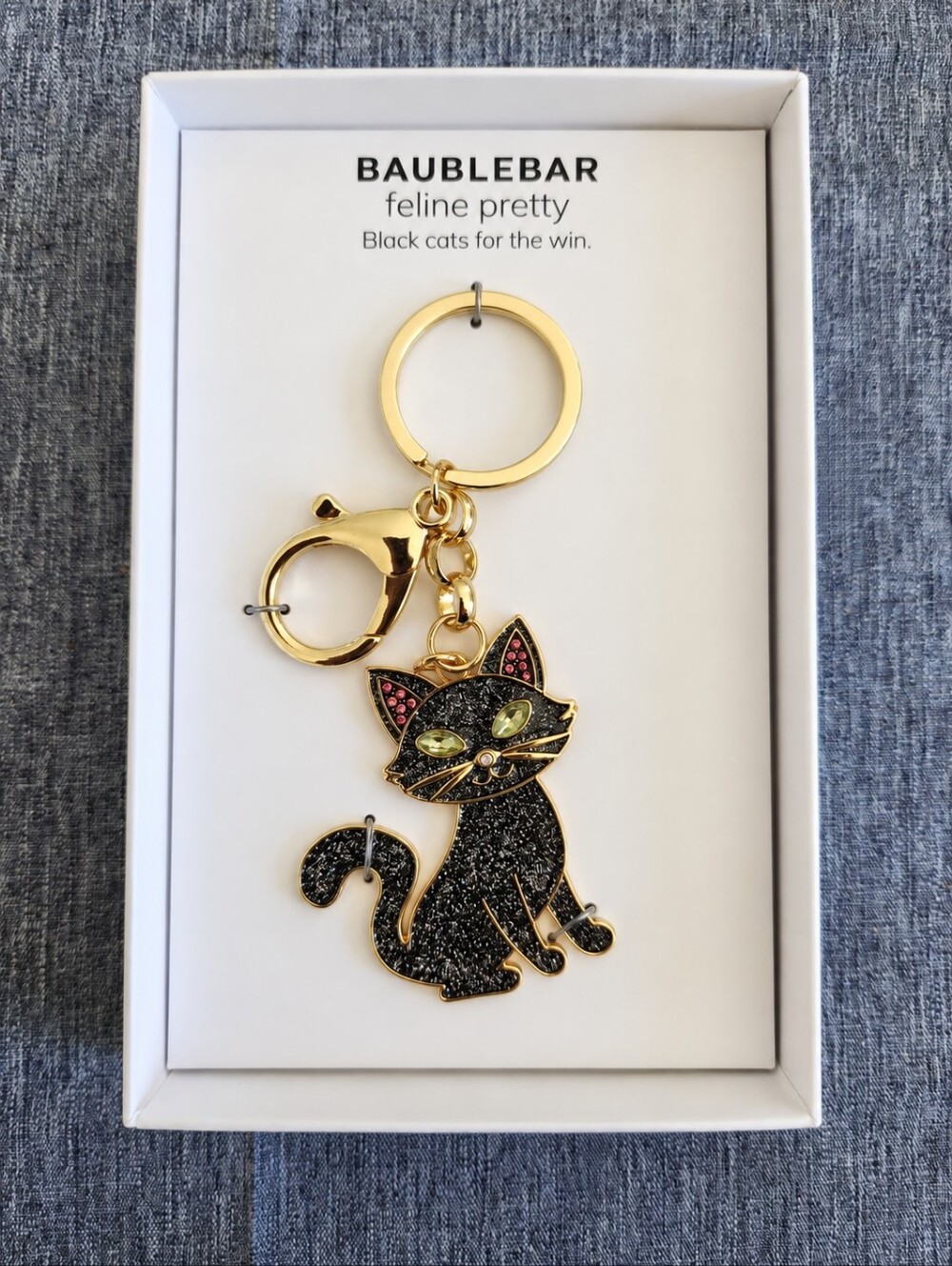 BaubleBar Black Glitter Cat Keychain with Gold Hardware NWTB
